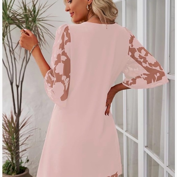 Elegant Blush Pink Midi Dress with Lace Sleeves - Picture 2 of 10